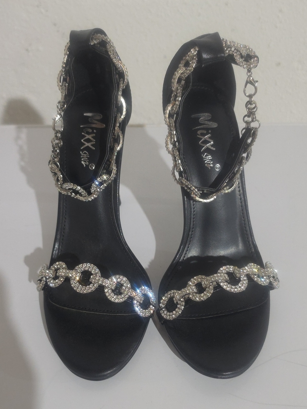 Mixx Shuz Black Rhinestone Chain Ankle Strap Heels